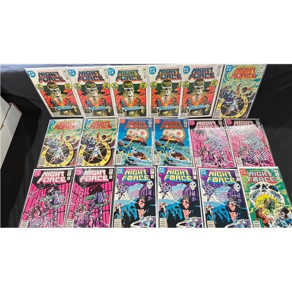 BOX OF ASSORTED COMIC BOOKS INCLUDING; NIGHT FORCE, SWAMP THING, SWORD OF THE ATOM & MORE