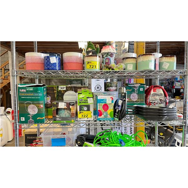 FOUR 10" SKILLET PANS, EXPANDABLE HOSE, GARDEN DECOR ITEMS, SCISSOR CADDIES & MORE