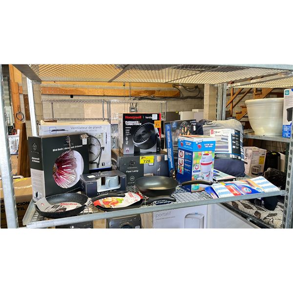 2 FANS, FLOOR LAMP, BIRD BATH, ASSORTED PANS, SNOW CONE MAKER, DART BOARD, COFFEE MUGS, GEAR