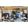 Image 1 : 2 FANS, FLOOR LAMP, BIRD BATH, ASSORTED PANS, SNOW CONE MAKER, DART BOARD, COFFEE MUGS, GEAR