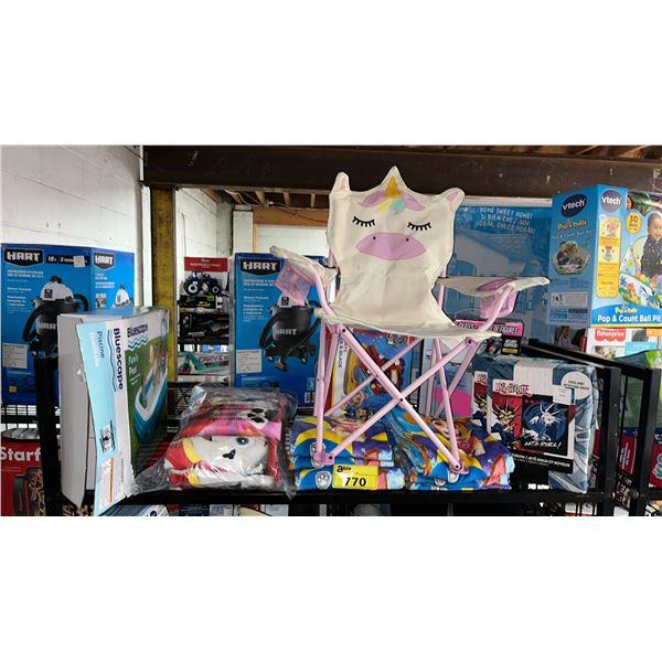 SHELF OF ASSORTED ITEMS INCLUDING; FIGURE SKATES, FAMILY POOL, UNICORN KIDS CHAIR & MORE