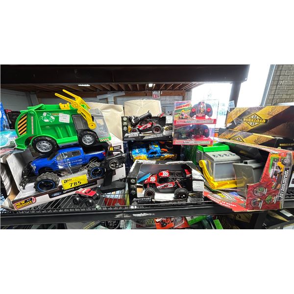 SHELF OF ASSORTED TOYS INCLUDING; ADVENTURE FORCE METAL RACER, MAXX ACTION GARBAGE TRUCK, MARIOKART