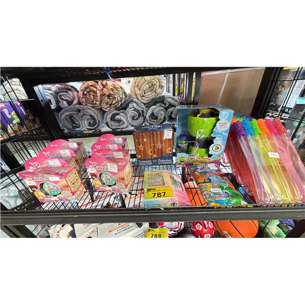 SHELF OF ASSORTED TOYS INCLUDING; BUBBLE WANDS, NERF WATER PODS, PUNIRUNES DIGITAL PETS & MORE