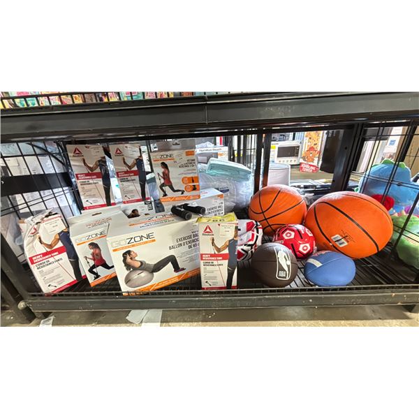 SHELF OF ASSORTED ITEMS INCLUDING; RESISTANCE BANDS, EXERCISE BALL, SPORTS BALLS & MORE