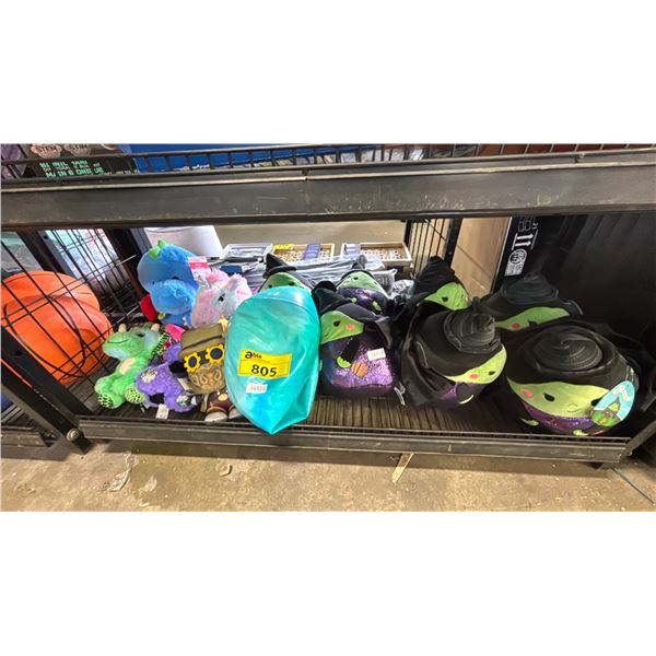 SHELF OF ASSORTED STUFFED TOYS & INFLATABLE BALL
