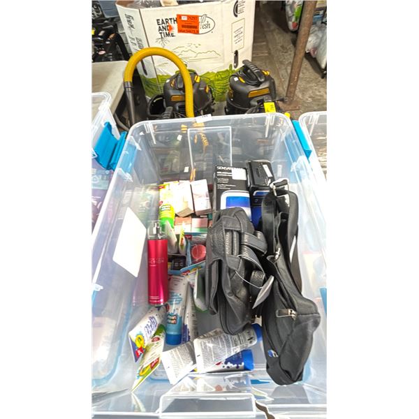 BIN OF ASSORTED ITEMS INCLUDING; HANDBAGS, MAKEUP, LED LAMPS & MORE