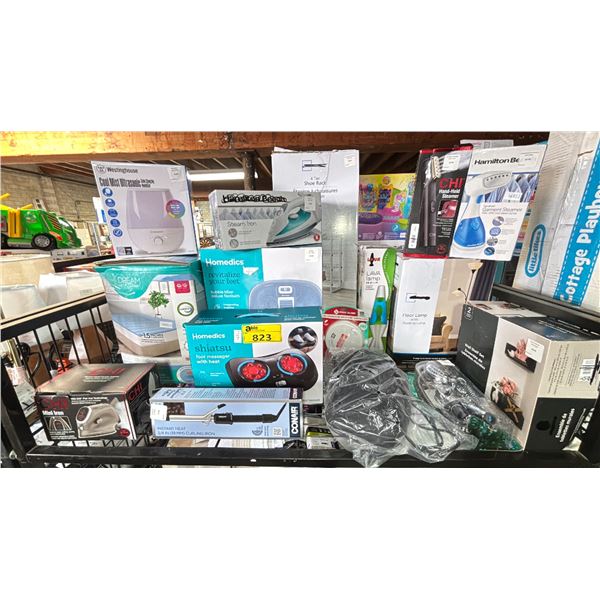 SHELF OF ASSORTED ITEMS INCLUDING; BUBBLE BLISS DELUXE FOOTBATH, MINI IRON, HAND-HELD STEAMER &