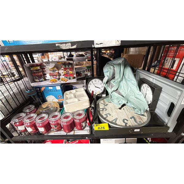 SHELF OF ASSORTED ITEMS INCLUDING; CANDLES, WALL CLOCKS, DINNERWARE SET & MORE