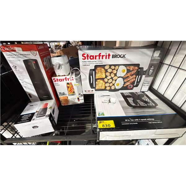 SHELF OF ASSORTED ITEMS INCLUDING; STARFRIT ROCK FAMILY SIZE ELECTRIC GRIDDLE, PERSONAL BLENDERS,