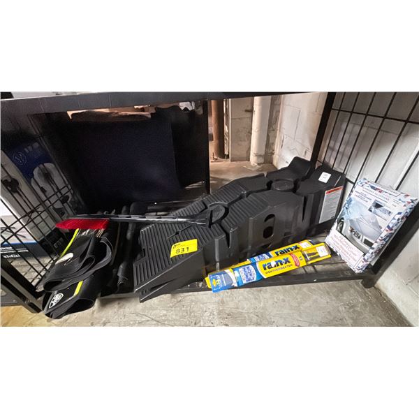 SHELF OF ASSORTED ITEMS INCLUDING; AUTOMOTIVE RAMPS, AUTOMOTIVE INTERIOR MATS, WINDSHIELD WIPERS &