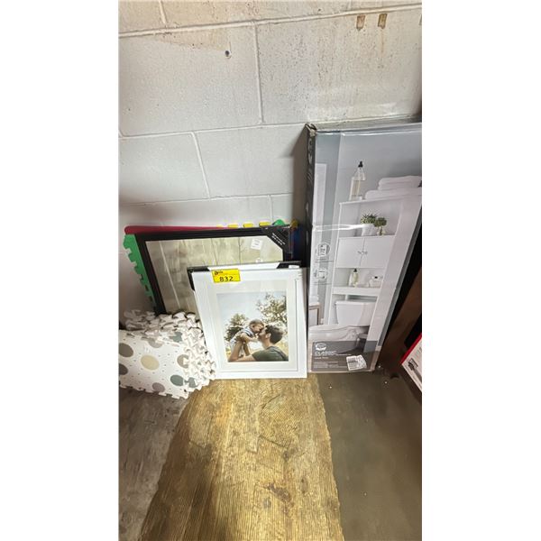 ASSORTED ITEMS INCLUDING; PHOTO FRAMES, FOAM FLOOR SQUARES & CLASSIC OVER THE TOILER SPACESAVER
