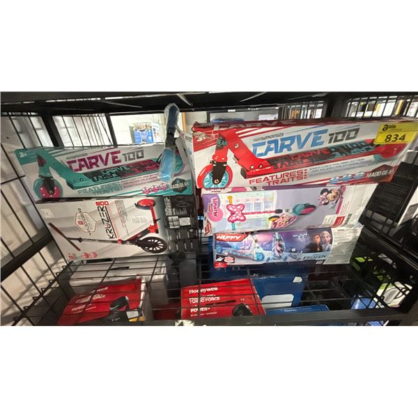 SHELF OF ASSORTED KIDS SCOOTERS