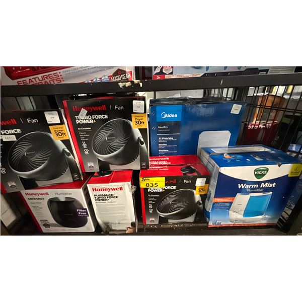 SHELF OF ASSORTED FANS & HUMIDIFIERS