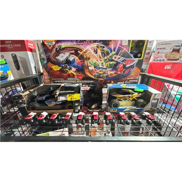 SHELF OF ASSORTED TOYS INCLUDING; MONSTER GAM WORLD FINALS SUPERCHARGE SPEEDWAY, FORZA FUNCO F9 RC