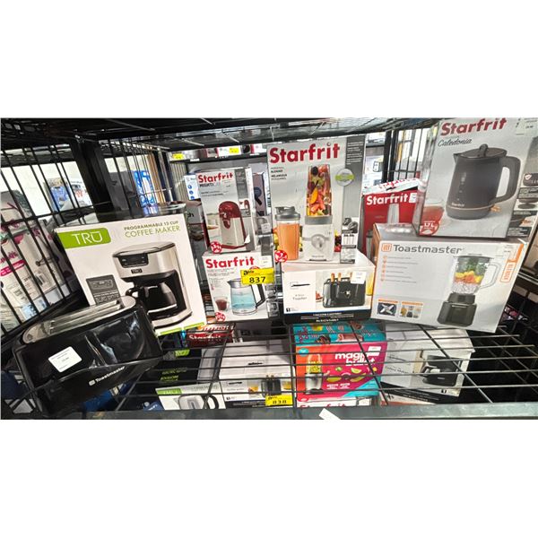 SHELF OF ASSORTED ITEMS INCLUDING; COFFEEMAKER, PERSONAL BLENDER, ELECTRIC CAN OPENER & MORE
