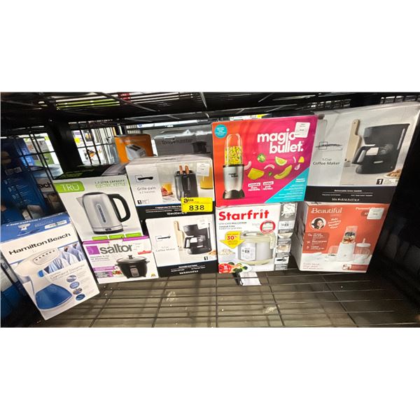 SHELF OF ASSORTED ITEMS INCLUDING; MAGIC BULLET BLENDER, LOW-CARB RICE COOKER, COFFEE MAKER & MORE