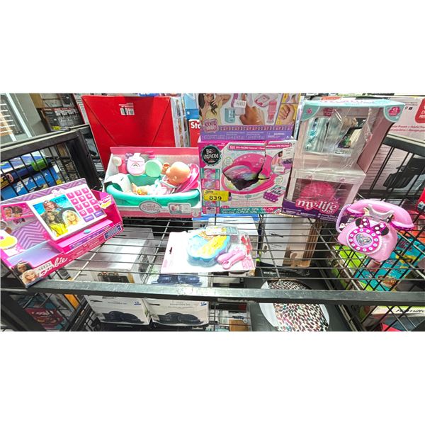 SHELF OF ASSORTED TOYS INCLUDING; MY SWEET BABY DOLL, GO GLAM NAIL STUDIO, BARBIE CASH REGISTER &