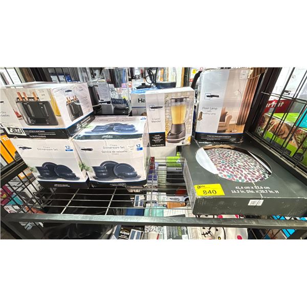 SHELF OF ASSORTED ITEMS INCLUDING; DINNERWARE SETS, BLENDER, FLOOR LAMP & MORE