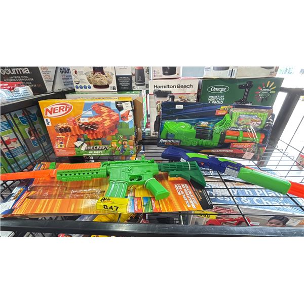 SHELF OF ASSORTED ITEMS INCLUDING; NERF MINECRAFT PILLAGER'S CROSSBOW, ADVENTURE FORCE SCORPION,