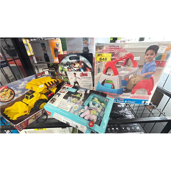 SHELF OF ASSORTED TOYS INCLUDING; MAXX ACTION DIG RIG, AVENGERS BALANCE BOARD, MY VERY OWN DESK &