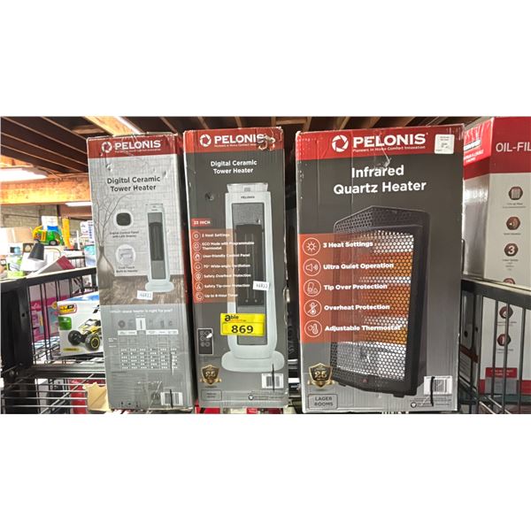 2 PELONIS DIGITAL CERAMIC TOWER HEATERS & PELONIS INFRARED QUARTZ HEATER