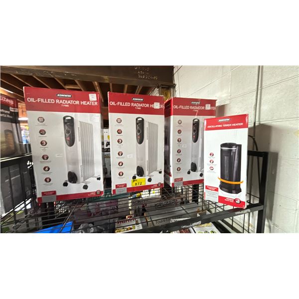 3 KONWIN OIL-FILLED RADIATOR HEATERS & OSCILLATING TOWER HEATER