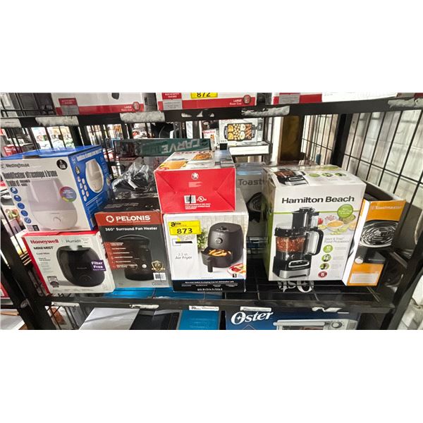 SHELF OF ASSORTED ITEMS INCLUDING; AIR FRYER, HUMIDIFIER, HEATER & MORE