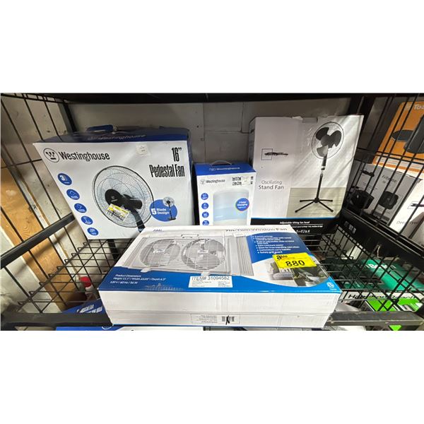 SHELF OF ASSORTED FANS & HUMIDIFIER