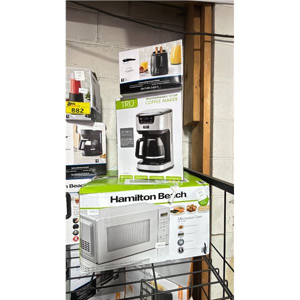 SHELF OF ASSORTED ITEMS INCLUDING; MICROWAVE OVEN, COFFEE MAKER, BLENDERS & MORE