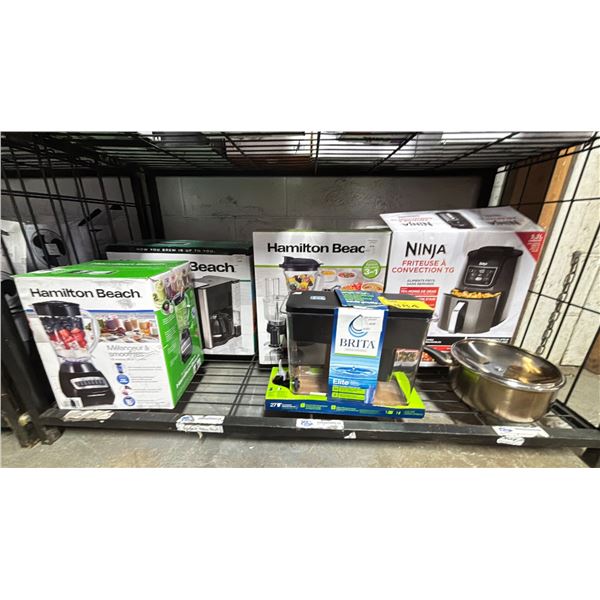SHELF OF ASSORTED ITEMS INCLUDING; AIR FRYER, BLENDERS, BRITA WATER DISPENSER & MORE