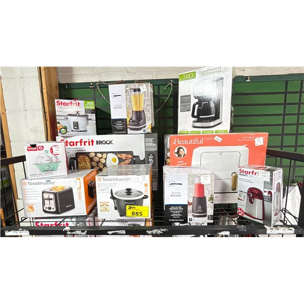 SHELF OF ASSORTED ITEMS INCLUDING; STARFRIT ROCK FAMILY SIZE ELECTRIC GRIDDLE, BEAUTIFUL AIR FRYER,