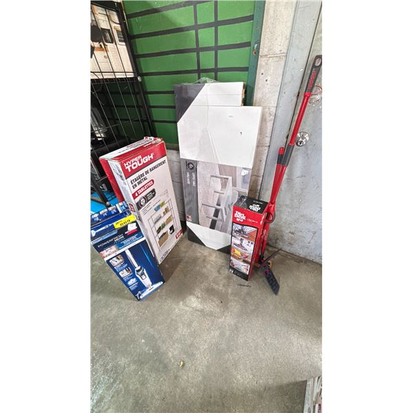 ASSORTED ITEMS INCLUDING; HYPER TOUGH METAL STORAGE RACK, BISSELL POWERFRESH DELUXE VACUUM, COFFEE