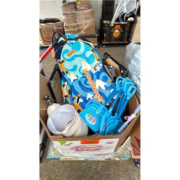 GAYLORD OF ASSORTED ITEMS INCLUDING; SNOW SLEDS, WALL DECOR, KIDS SHOVELS & MORE