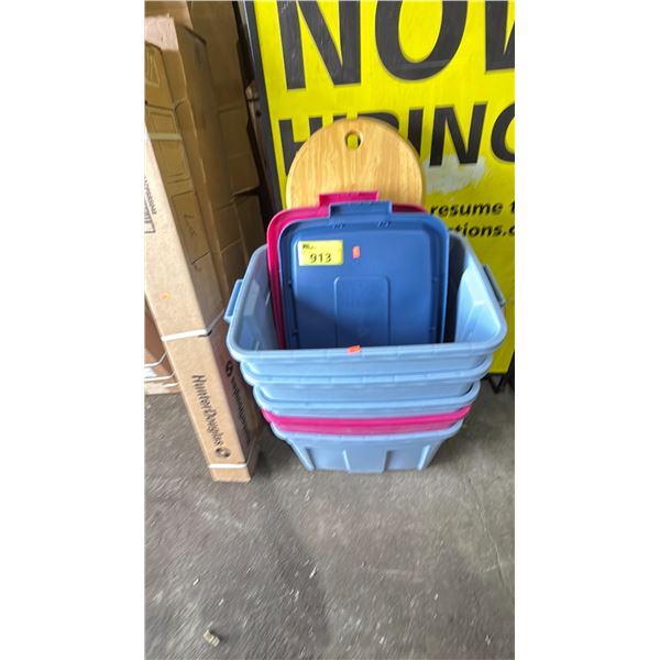 5 TOTES, 2 TOTE LIDS & FOLDING STOOL