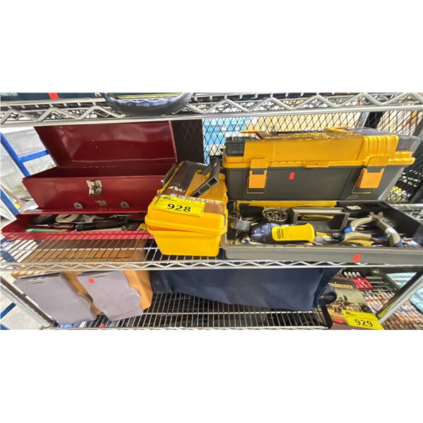 SHELF OF ASSORTED TOOLS & TOOLBOXES