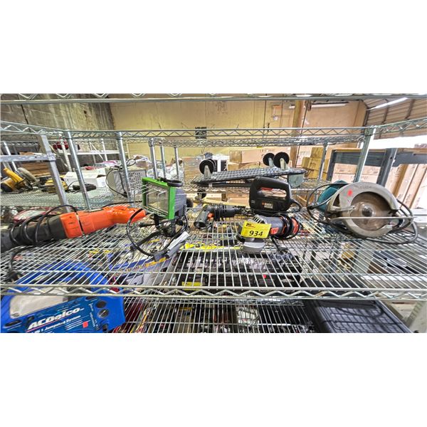 SHELF OF ASSORTED TOOLS INCLUDING; RECIPROCATING SAW, CIRCULAR SAW, ANGLE GRINDER & MORE