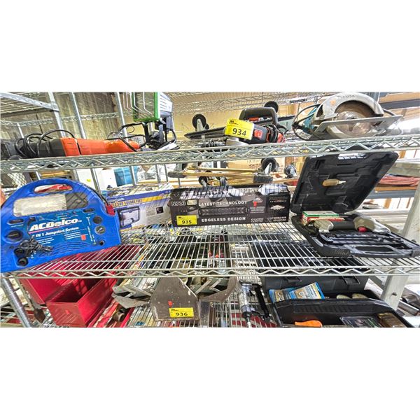 SHELF OF ASSORTED ITEMS INCLUDING; ACDELCO 6-IN-1 JUMPSTART SYSTEM, JET BLACK HIGH POWER 13" DOUBLE