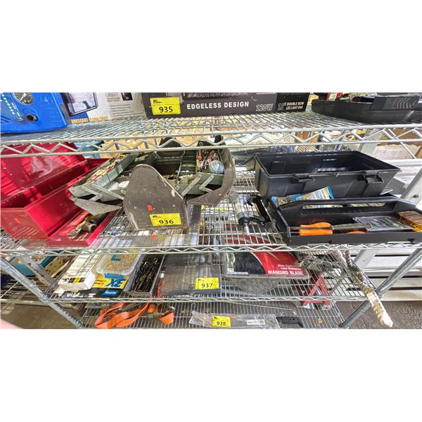 SHELF OF ASSORTED TOOLS & TOOLBOXES