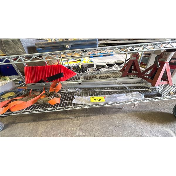 SHELF OF ASSORTED ITEMS INCLUDING; MACHETE, JACK STANDS, LEVEL & MORE