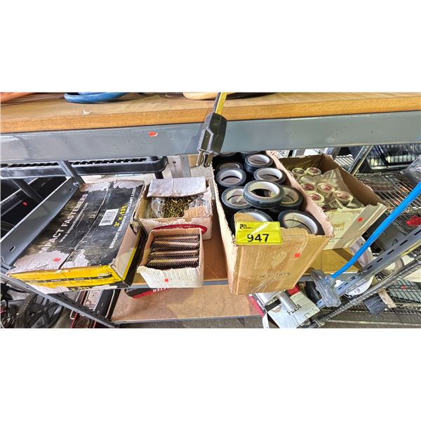 SHELF OF ASSORTED ITEMS INCLUDING; HARDWARE, HOCKEY TAPE, HOCKEY SOCK TAPE & MORE
