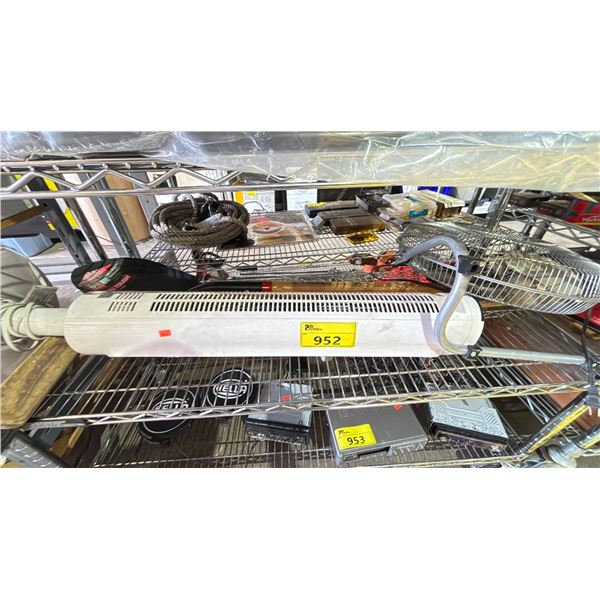 SHELF OF ASSORTED ITEMS INCLUDING; FANS, SHOVEL & PUSH BROOM