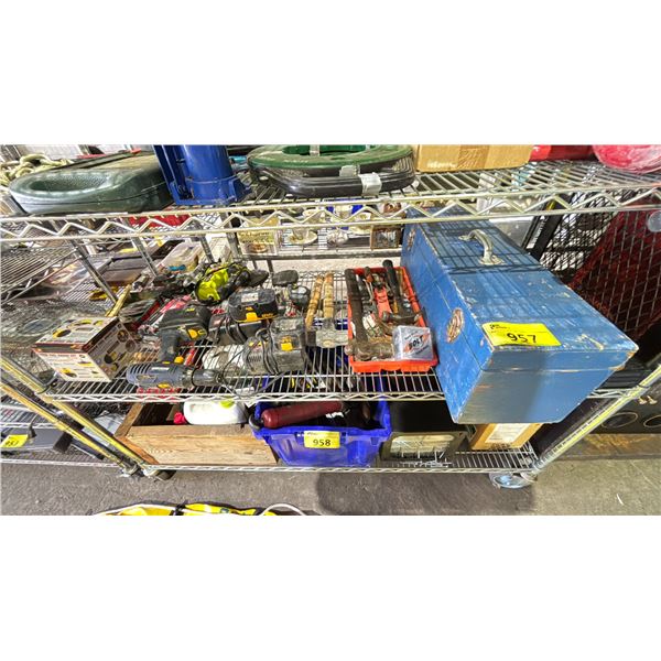 SHELF OF ASSORTED ITEMS INCLUDING; RYOBI JIG SAW, MASTERCRAFT CORDLESS DRILL, HAMMERS & MORE