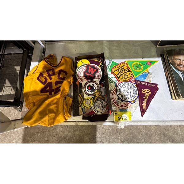 ASSORTED PATCHES, PINS & VINTAGE BASKETBALL SHIRT