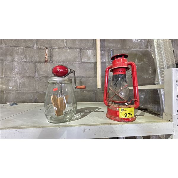 VINTAGE MIXING JAR & VINTAGE OIL LANTERN