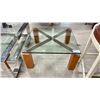 Image 1 : SQUARE TEMPERED GLASS COFFEE TABLE WITH WOODEN LEGS - 33.5"W X 33.5"D X 17"H *HAS A CHIP ON ONE