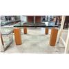 Image 2 : SQUARE TEMPERED GLASS COFFEE TABLE WITH WOODEN LEGS - 33.5"W X 33.5"D X 17"H *HAS A CHIP ON ONE