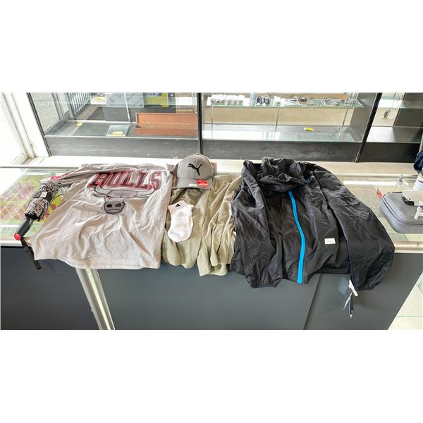 ASSORTED CLOTHING, HAT & UMBRELLA