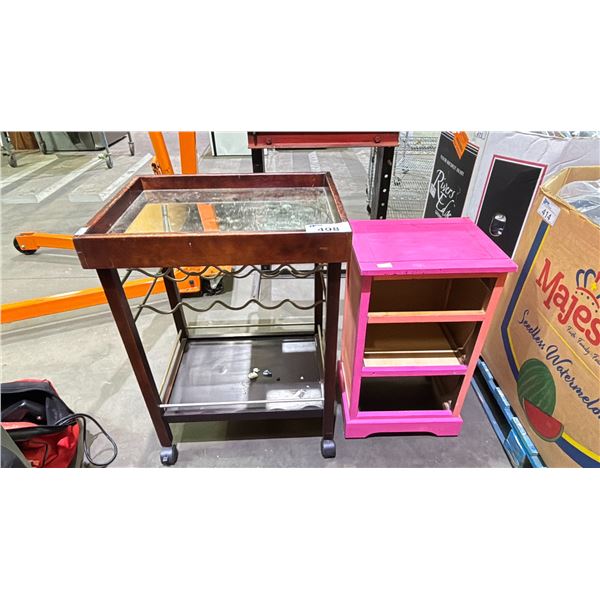 2 TIER MOBILE WOODEN BAR CART & A PINK TABLE