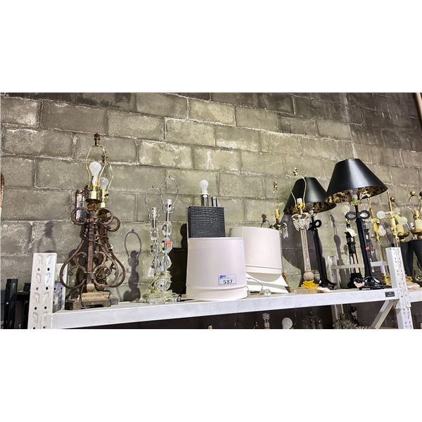 SHELF OF ASSORTED LAMPS WITH SOME SHADES