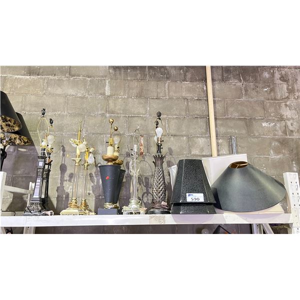 SHELF OF ASSORTED LAMPS WITH SOME SHADES